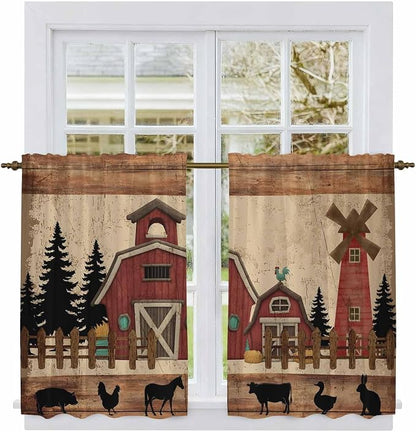 Brown Farmhouse Kitchen Curtains, Vintage Country Animals Wooden Grain Light by Unknown