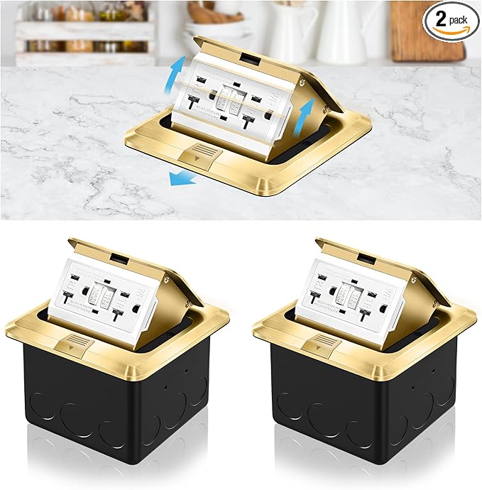Vagueior Recessed Floor Electrical Outlet Kit,Waterproof Electrical Outlet Covcer Box,Hidden GFCI Outlet+20A Tamper-Resistant Receptacle Outlet with Slow Elastic Damping，ETL Certified，Gold(2 Pack)