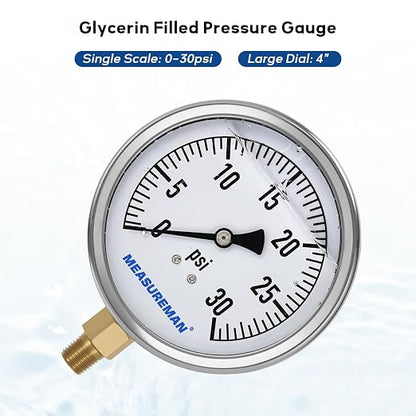 MEASUREMAN Glycerin Filled Plumbing Pressure Gauge 0-30psi Stainless Steel Case - Image 2