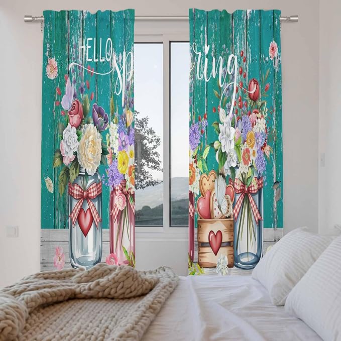 Spring Flowers Kitchen Curtains, Farmhouse Watercolor Teal Wood Grain Light - Image 4