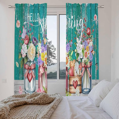 Spring Flowers Kitchen Curtains, Farmhouse Watercolor Teal Wood Grain Light - Image 4