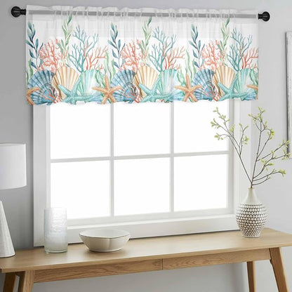 Summer Beach Sheer Valance Curtains, Ocean Colorful Coral Shell Seaweed - Image 3