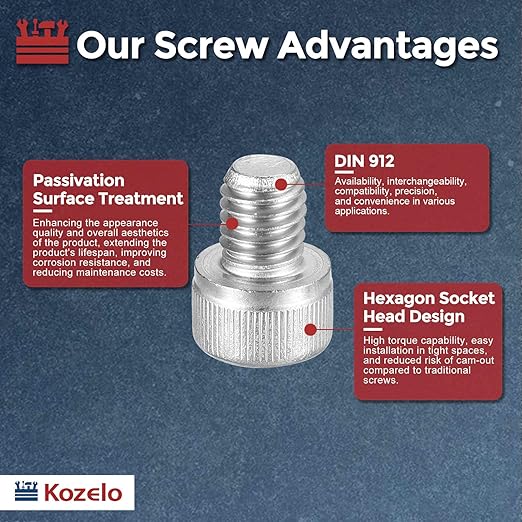 Kozelo 50pcs Socket Head Cap Screws - [M8-1.25 x 10mm] 304 Stainless Steel Allen Socket Drive for Electrical Motor 3D Printing Fan Engine Replacement Use, Silver