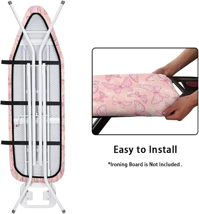ZCFYGDX Breathable Ironing Board Cover Decor, Resist Scorching & Staining, 15x54 Wear & Soil Resistant Covers, Elastic Edges,3 Fasteners,Anti-Scorch Polyester Butterfly Pattern Pink Print