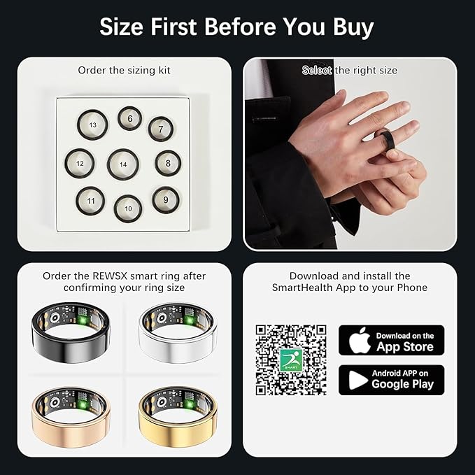 Smart Health Ring for Women Men, Fitness Tracker Ring with Heart Rate, Blood Oxygen, Sleep Tracker, Step Tracker, No Subscription Fee, IP68 Waterproof Smart Ring for iphone & Android (Silver, 14#)