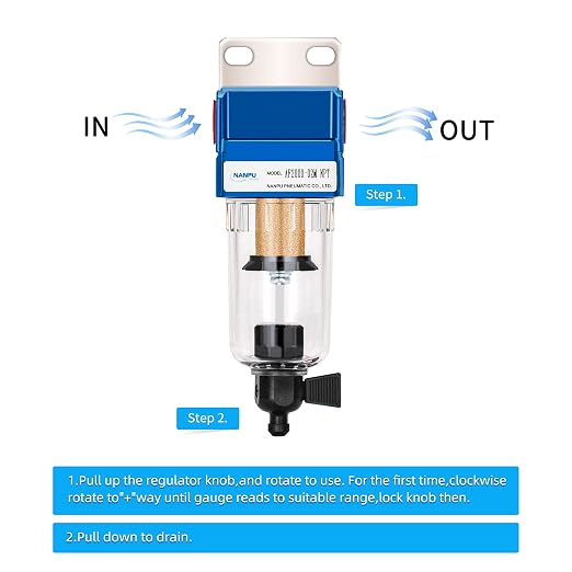 NANPU 1/4" NPT Compressed Air Line Filter, 5 Micron Brass Element, Manual Drain - Image 3