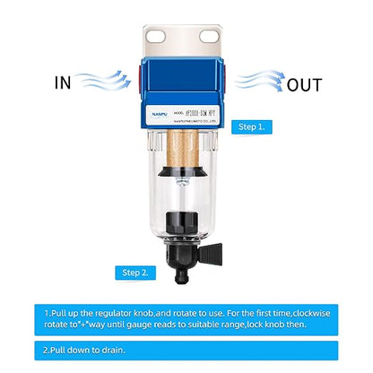 NANPU 1/4" NPT Compressed Air Line Filter, 5 Micron Brass Element, Manual Drain - Image 3