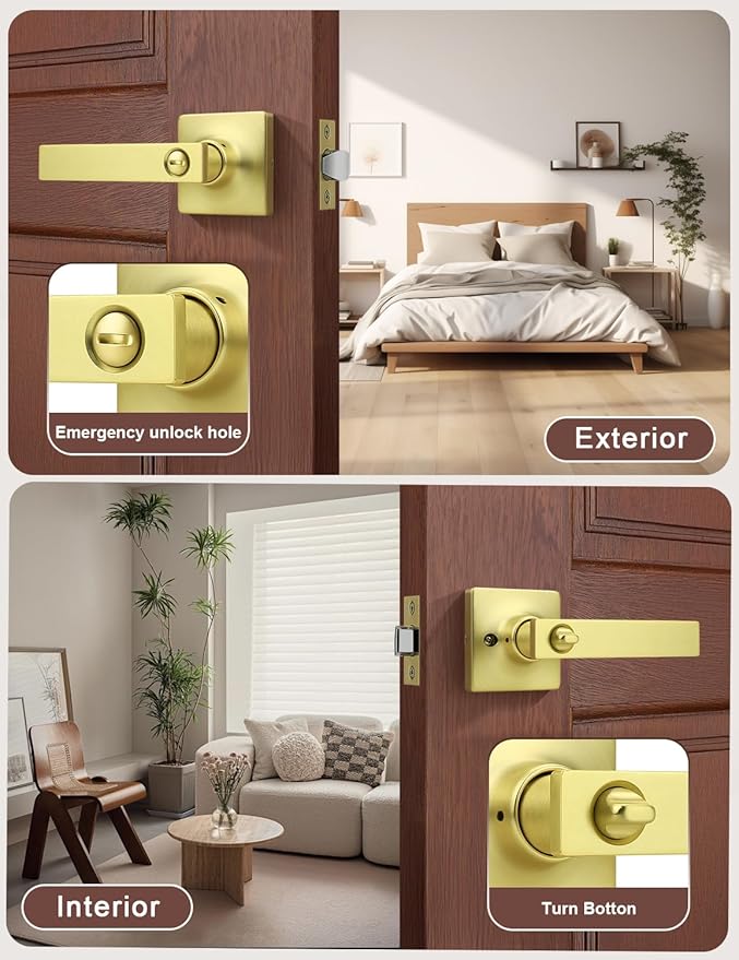 Mengico 2 Pack Gold Privacy Lever Door Handle Interior with Lock, Heavy Duty Square Door Lock for Bed/Bath, Keyless Door Locksets, Reversible for Left Right Handed Doors
