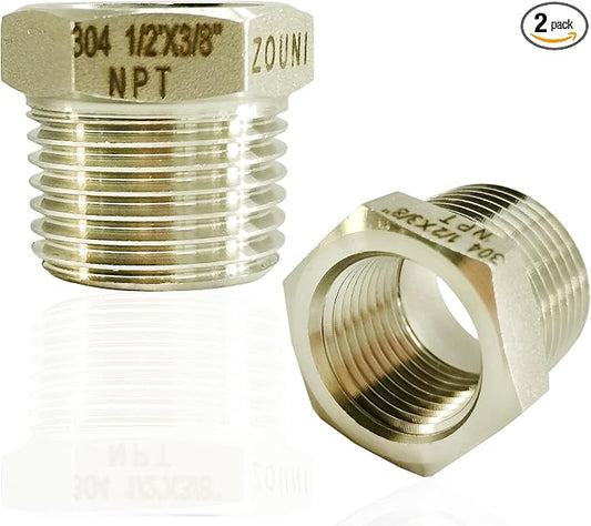 2 Pcs 304 Stainless Steel Reducer Hex Bushing, 1/2" Male NPT to 3/8" Female NPT by Zounionline