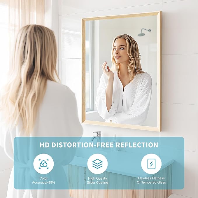 Oak Wood Effect Framed Wall Mirror, 36x36 Rectangle Mirror, Anti-desilvering Tempered Glass, Sustainable& Sturdy Frame, Anti-Rust, HD Reflection &3min Fast Setup for Bathroom Living Room