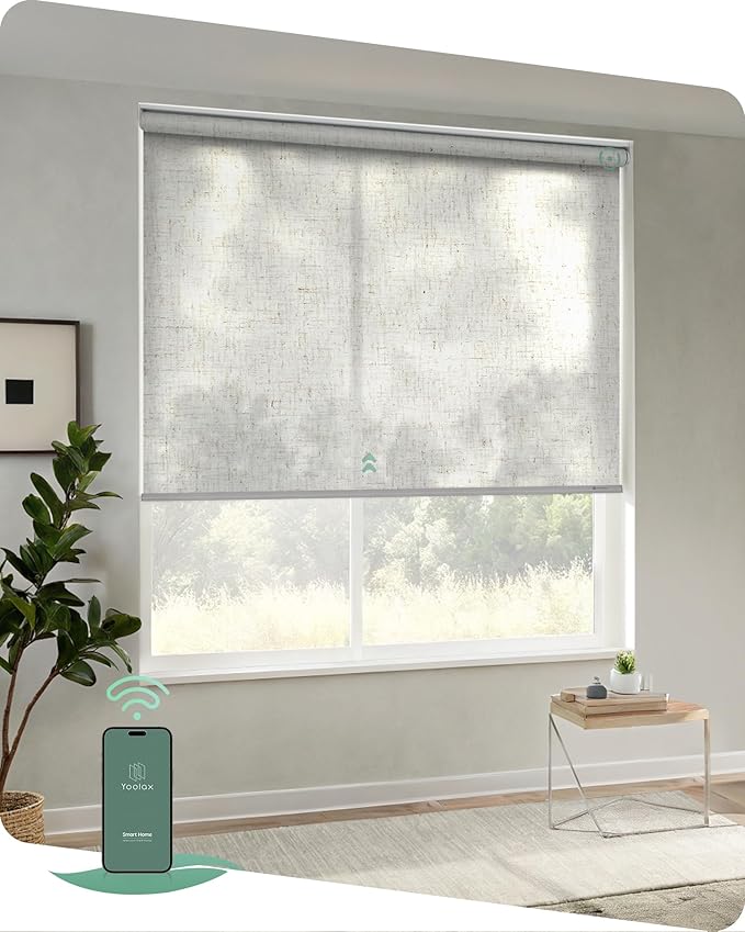 Yoolax Motorized Blinds App Control, Light Filtering Motorized Shades for Windows, Cordless Automatic Roller Shades for Bedroom Living Room Office(Light Filtering Linen Beige, 34" W x 72" H)