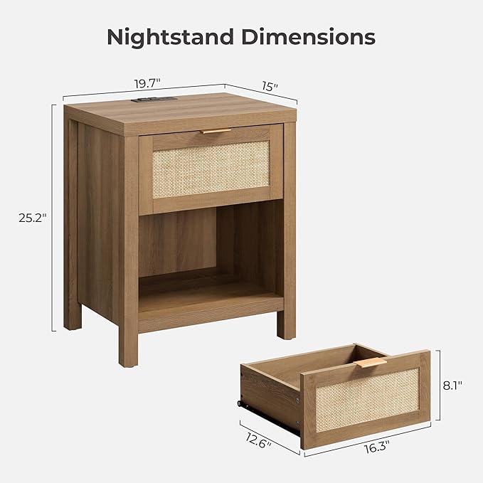SICOTAS Nightstands Set of 2 with Charging Station Rattan Night Stand with Drawer Boho Bedside Table with USB and Type-C Ports Bed Side Tables for Bedroom Small Space, Oak