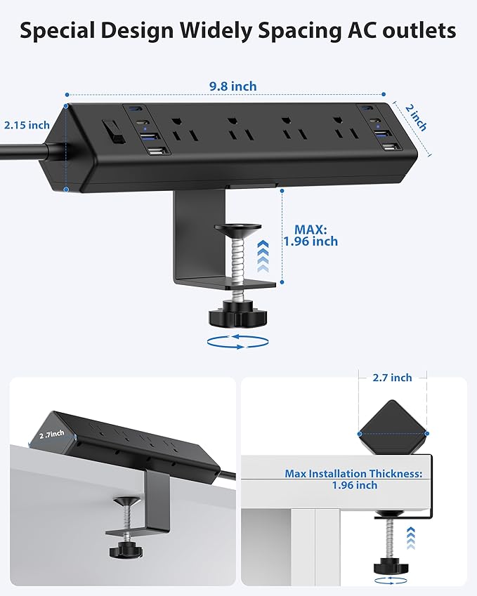 40W Fast Charging Station,Desk Clamp Power Strip 20W USB C,8 Outlets,8 USB Ports,4 USB C and 4 USB A, Office Furniture Surge Protector, 14AWG Cord, Fits 1.9" Tabletop Edge (Black, 10FT Length)