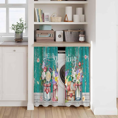 Spring Flowers Kitchen Curtains, Farmhouse Watercolor Teal Wood Grain Light - Image 7