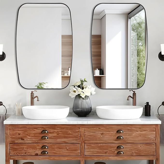 Black Oval Mirror, 32"×40" Bathroom Mirror for Wall Vanity with Stainless Steel Metal 0.8" Thin Frame, Oblong Bathrrom Mirror Modern Anti Rust