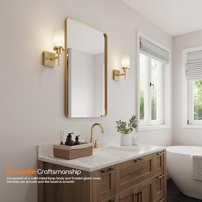 AONEON Vanity Lighting Fixtures with White Frosted Glass Shade, Modern Gold Wall Lamps for Bathroom Mirror Bedroom Living Room Porch, 2 Pack T001GD-L1-P2