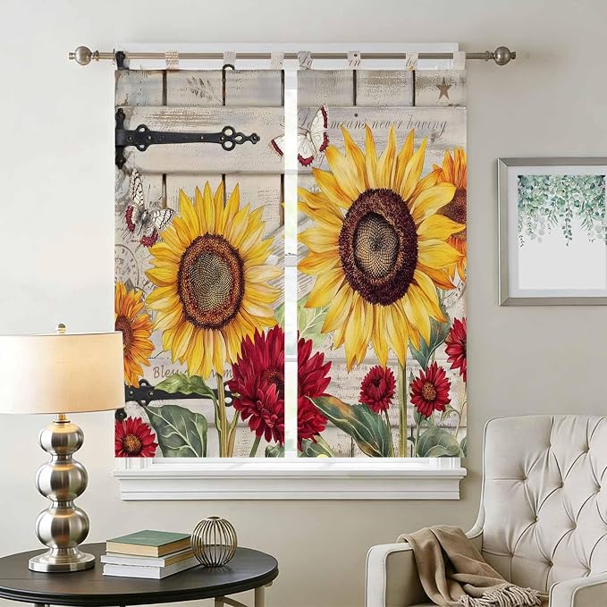 Red Yellow Sunflowers Bathroom Curtains 63 Inch Length, Window Curtains Tab Top - Image 2