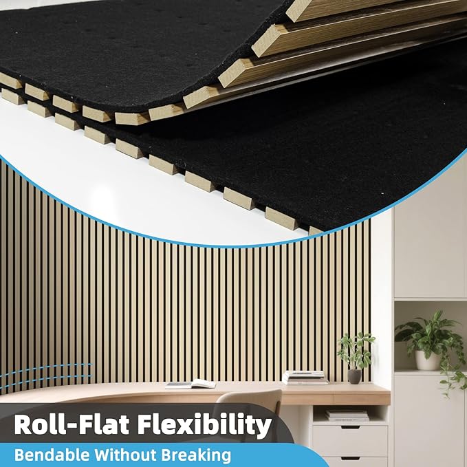 Art3d 2-Pack Acoustic Wood Slat Wall Panel with Roll-Flat Design - 95.3 x 23.8 Inch Sound Absorbing Panels for Living Room Columns Corridor Curved Wall Decor, Oak