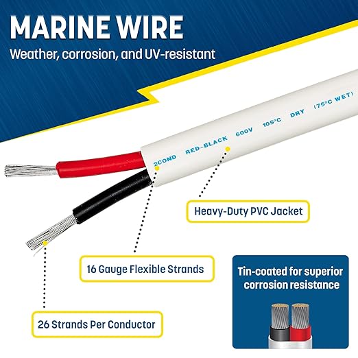 GS Power 50 Ft Duplex Marine Wire, 16 Gauge Wire, Oxygen-Free Tinned Copper 16 AWG Electrical Boat Wiring, Sheathed Copper Marine Grade Electrical Cable for Boat Automotive RV Camper Trailer
