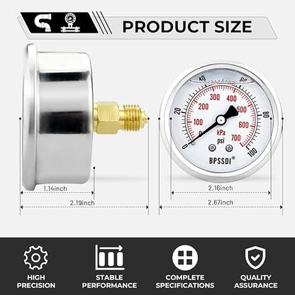 0-100Psi Glycerin Liquid Filled Low Pressure Gauge, 2.5" Dial Size, 1/4" G Back - Image 3