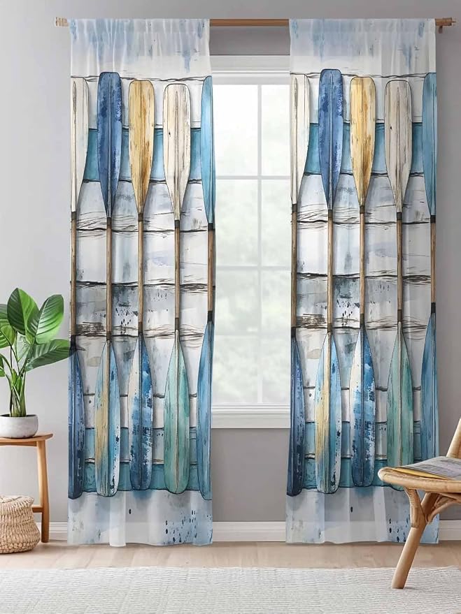 Sheer Curtains 96 Inches Long, Lake Paddle Striped Semi Sheer Curtains Light - Image 5