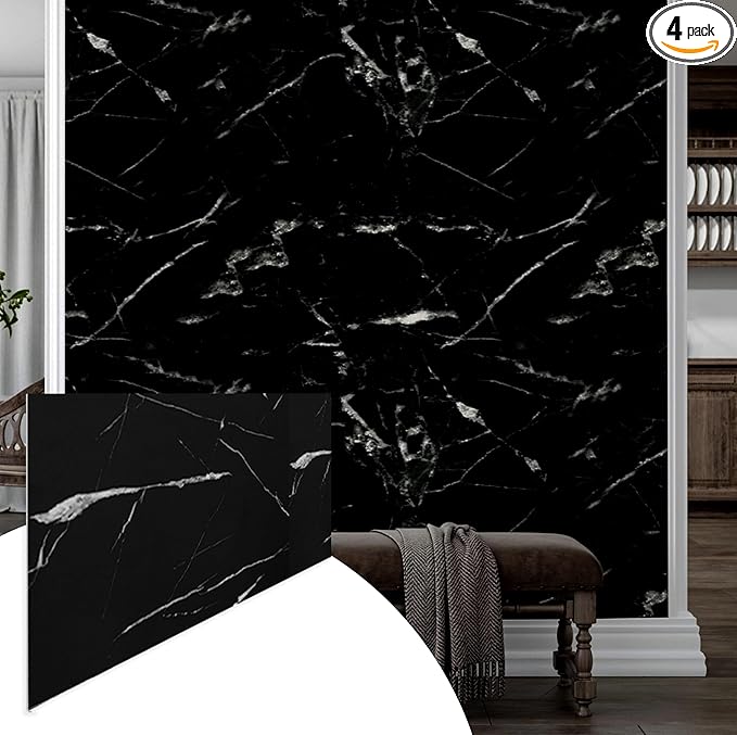 Dundee Deco Faux Marble Wall Panels - 2 ft X 4 ft - Glossy, Waterproof Indoor Wall Cladding - Black, White Veins - Set of 4 - Covers 31 sq ft