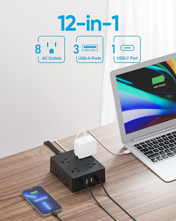 Surge Protector Power Strip, Olcorife 15ft Long Extension Cord with 8 Outlets 4 USB Ports(1 USB C), Flat Wall Plug Outlet Extender, College Dorm Room Essentials, Black