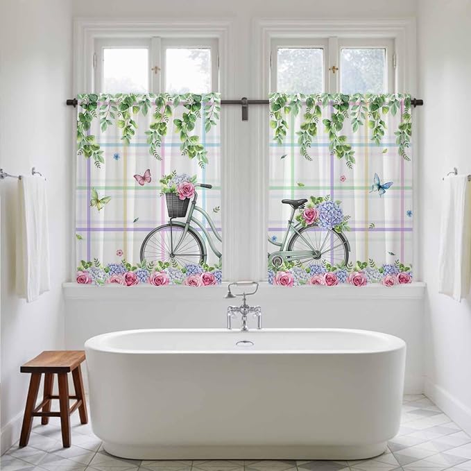 Spring Kitchen Curtains, Bicycles Botanical Leaves Rose Colorful Stripes Light - Image 5