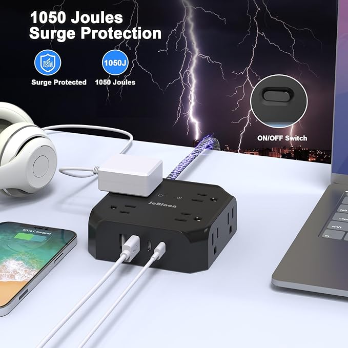 Surge Protector Power Strip-15 Ft Flat Plug Extension Cord with 8 Widely Outlets and 4 USB Ports(2 USB C) Multi Plug Outlet Extender for Office, School, Travel and Dorm Room Essentials-Black