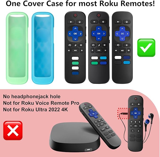 (2PC) Cover-Case-for-Roku-Remote, Glow-in-The-Dark Silicone Protective Sleeve Skin for Roku TV/Stick/Player Remote (Green/Blue)