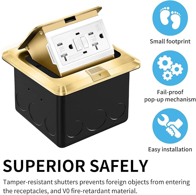 Vagueior Recessed Floor Electrical Outlet Kit,Waterproof Electrical Outlet Covcer Box,Hidden GFCI Outlet+20A Tamper-Resistant Receptacle Outlet with Slow Elastic Damping，ETL Certified，Gold(2 Pack)