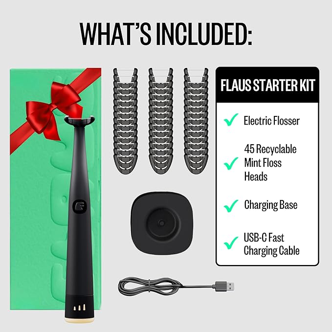 FLAUS Electric Flosser (Oprah's List, Shark Tank) 3 Speeds + 45 Refill Heads (Gentle Gliding Floss for Sensitive Gums) Water Flosser Alternative, Dentist Recommended Tooth Flossers Dental Floss Picks