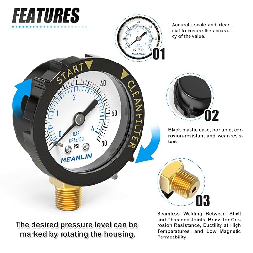 MEANLIN MEASURE 0~60Psi 1/4" NPT Start and Clean Filter Pressure Gauge - Image 5