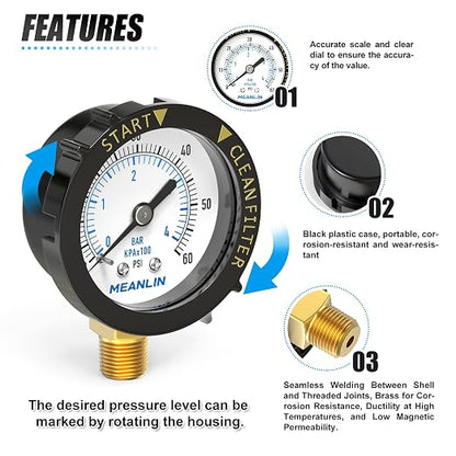 MEANLIN MEASURE 0~60Psi 1/4" NPT Start and Clean Filter Pressure Gauge - Image 5