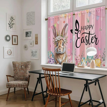 Easter Kitchen Curtains, Spring Rabbit Eggs Flowers Flags Leaves Wood Grain - Image 6