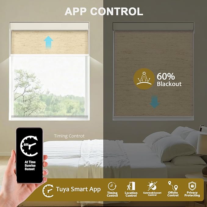 COOLWINDS Motorized Blinds with Remote Cordless Automatic Motorized Shades Custom Blinds for Windows Smart Curtains Compatible with Alexa Google Home(Light Filtering Linen Soft Dunes,W25 x H72in)