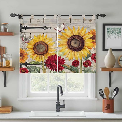 Red Yellow Sunflowers Bedroom Curtains 63 Inch Length, Window Curtains Tab Top - Image 3