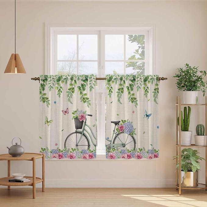 Farmhouse Spring Tier Curtains, Retro Bicycles Flowers Vines Butterfly Light - Image 3