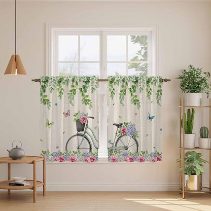 Farmhouse Spring Kitchen Curtains, Retro Bicycles Flowers Vines Butterfly Light - Image 3