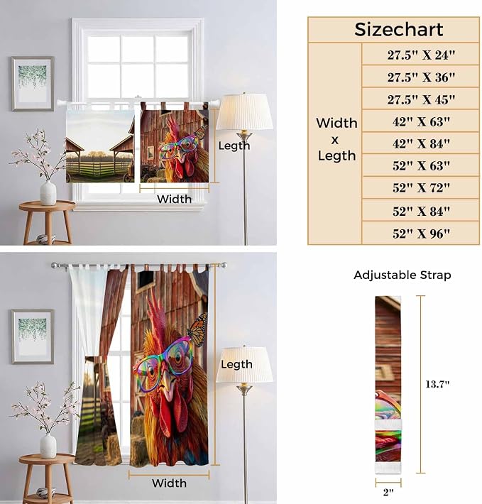 Farm Rooster Kitchen Curtains 24 Inch Length, Small Window Curtains Tab Top - Image 8