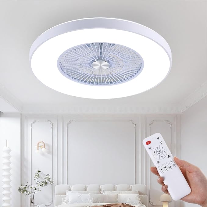 HUMHOLD 24" Bladeless Ceiling Fans with Lights and Remote/APP Control, Low Profile Ceiling Fan with 3-Dimmable Lights, Enclosed Flush Mount Ceiling Fan for Kid's Bedroom/Living Room