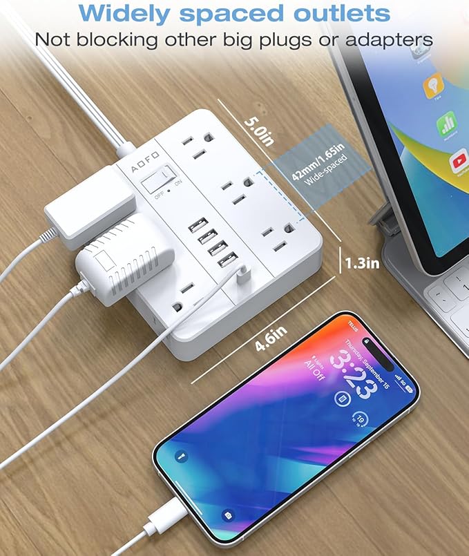 AOFO 15FT Surge Protector Power Strip,12 AC Outlets with 6 USB Ports (2 USB-C), Flat Plug Extension Cord with Multiple Outlets, Wall Mount for Home Office,Dorm, White