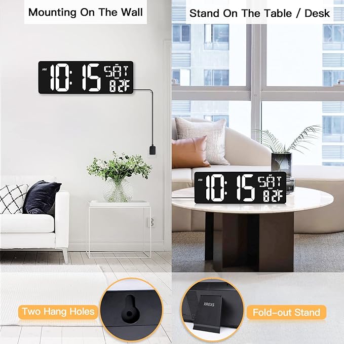 XREXS Large Digital Wall Clock with Remote Control, 17.2 Inch LED Large Display Count Up & Down Timer, Adjustable Brightness Plug-in Alarm Clock with Day/Date/Temperature for Living Room, Office, Gym