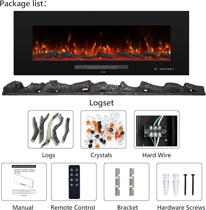 42" Electric Fireplace Inserts, Recessed & Wall Mounted Fireplace Heater Colorful Flame &Fuel, Remote Control Setting Dimer, Thermostat &Timer, Plug in &Hard-Wire Option, 750W/1500W, Black
