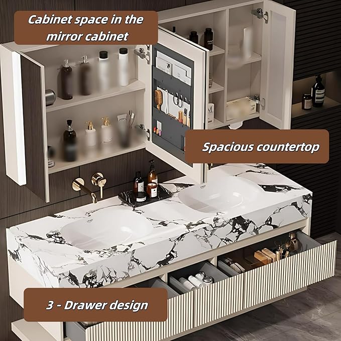 Fashionable Bathroom Vanity with Sink, Smart One-Click Defogging & LED Light, Bathroom Sink and Cabinet with Wave Striped Panel, Rockslab Countertop (Mirror, 68IN)