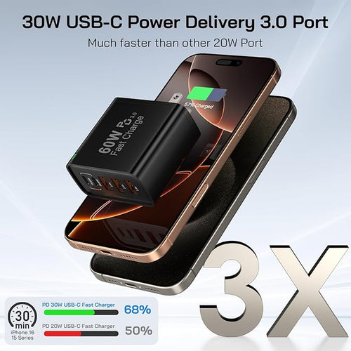 2Pack USB C Fast Charger Block, Total 60W 5-Port USB C Wall Charger 30W Type C Charging Block, 2USB C+3USB A PD 3.0 Multiport Charging Cube for iPhone 17 16 15 14 Pro Max, G-alaxy S25 S24 Ultra, i Pad