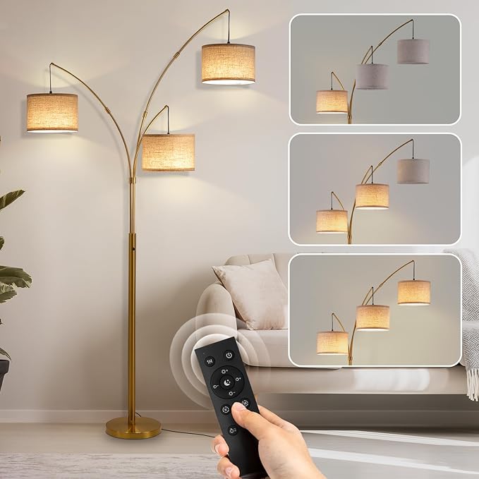 Fansdrick Gold Floor Lamps for Living Room, Super Bright Arc Floor Lamp with Remote Control, 3 Light Tall Floor Lamps with Stepless Dimmable, 80" Mid Century Tree Floor Lamp for Bedroom, Office