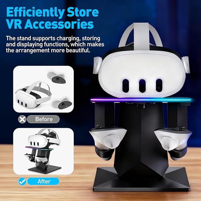 Charging Dock for Meta Quest 3S, Quest 3, 2 or Pro，RGB Charging Vertical Stand，Accessories with Brightness Adjustment and 14 Light Effects Adjustment, Type-C Charging Port
