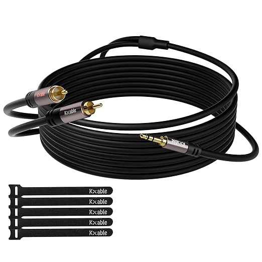 Kxable 3.5mm to RCA Cable 100FT, 2 Male RCA to Aux Stereo Audio Adapter, Hi-Fi Sound Auxiliary Y Splitter Cord, Shielded 1/8 to 2RCA Cable for Headphone, MP3, Tablet, Speaker, HDTV, Phone and More