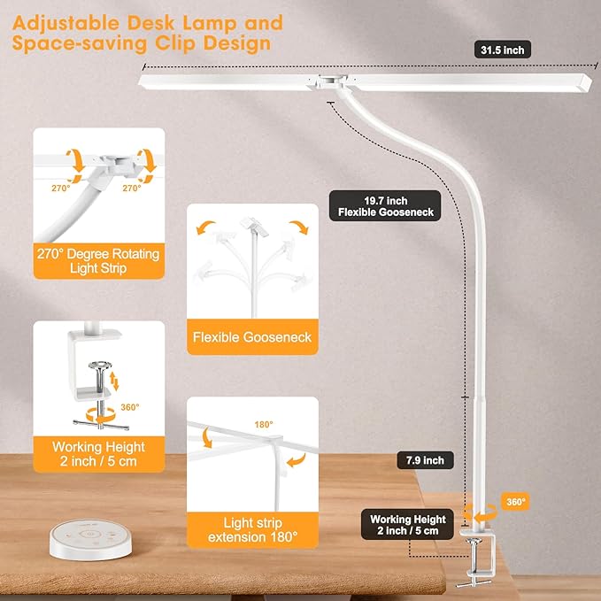 Pzloz Led Desk Lamp for Office Home - Eye Caring Architect lamp with Clamp,Dual Screen Computer Monitor Work Smart Light: 24W 5 Color Flexible Adjustable Lighting Table Lamp for Study Drafting Beige